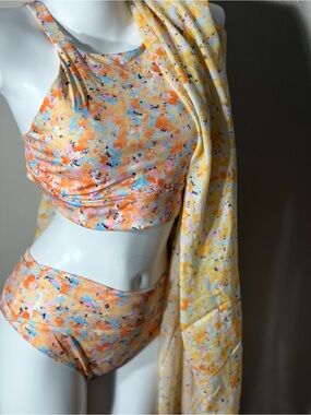 Floral Watercolor High Neck Bikini Set and matching coverup up inPeach & Pastels